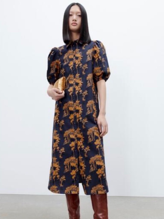Dresses & Skirts - Navy Collared Shirtdress with Orange Print Small Women EUC